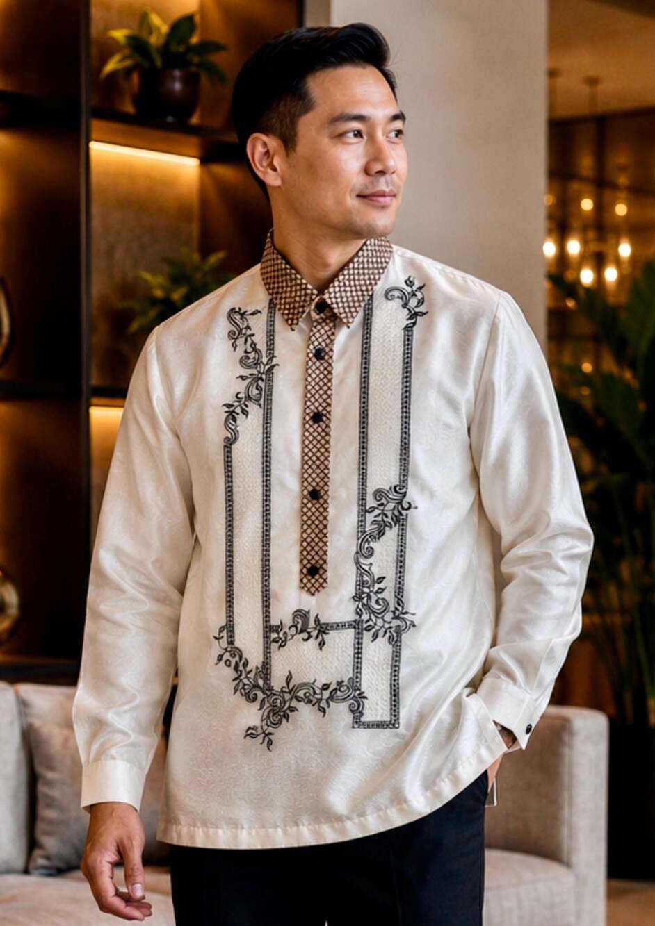 Barong Tagalog  Premium Organza Embroidered Beige Tan Black XL